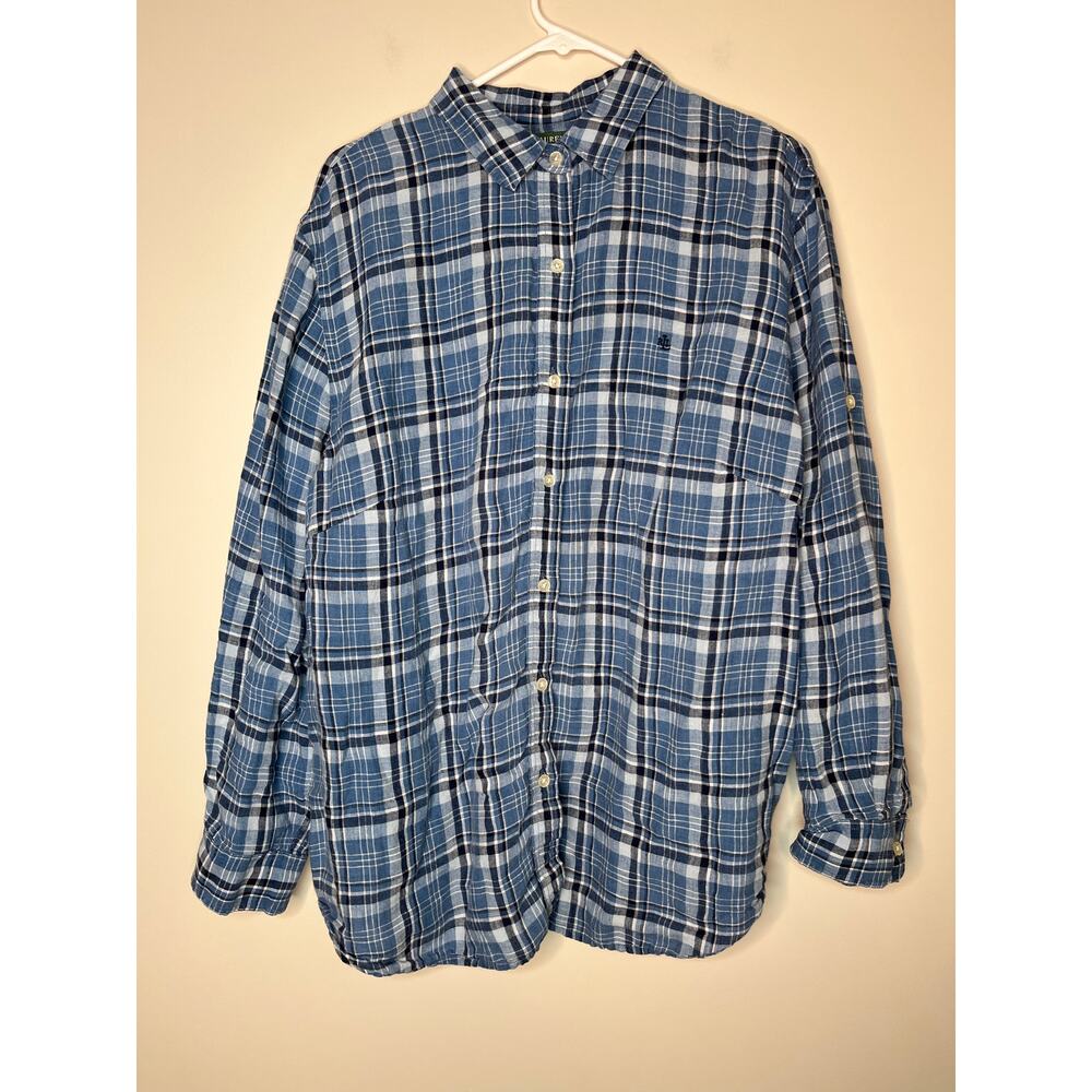 Lauren Ralph Lauren Dusty Blue Plaid Country Ranch Linen Old Money Shirt 3X